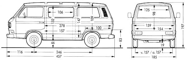 Afmetingen van de VW T3 transporter bestelwagen met ruiten