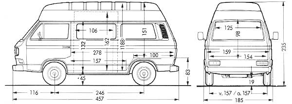 Afmetingen van de VW T3 transporter bestelwagen met ruiten en verhoogd dak