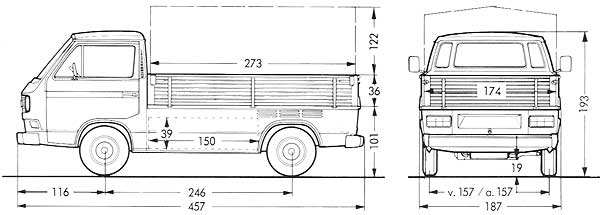 Afmetingen van de VW T3 transporter pick-up enkele cabine