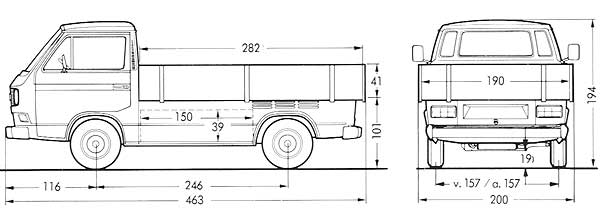 Afmetingen van de VW T3 transporter pick-up enkele cabine en verbrede houten laadbak