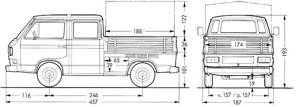 Afmetingen van de VW T3 transporter pick-up met dubbele cabine