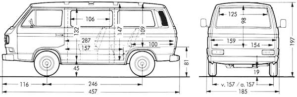 Afmetingen van de VW T3 transporter kombi met ruiten